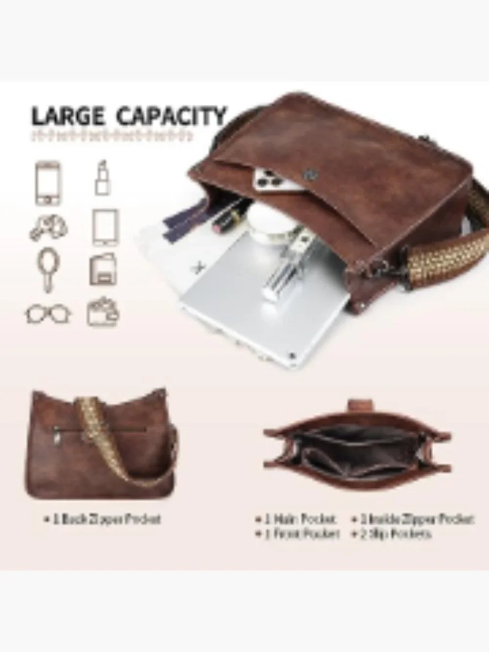Trendy Vegan Leather Hobo Crossbody Purse with 2 Detachable Straps